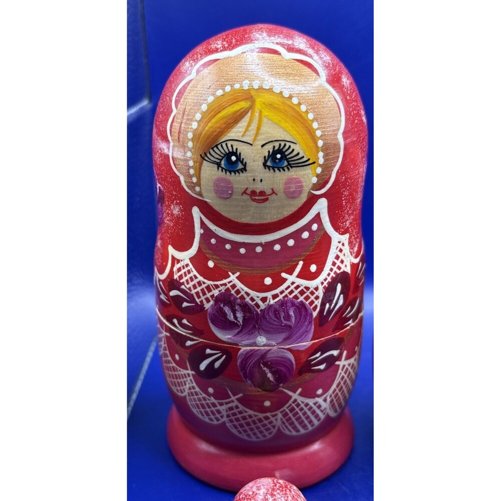 Hand Painted Wooden Russian Matryoshka Nesting Dolls Pink Floral 6pc Set Read - Picture 2 of 9